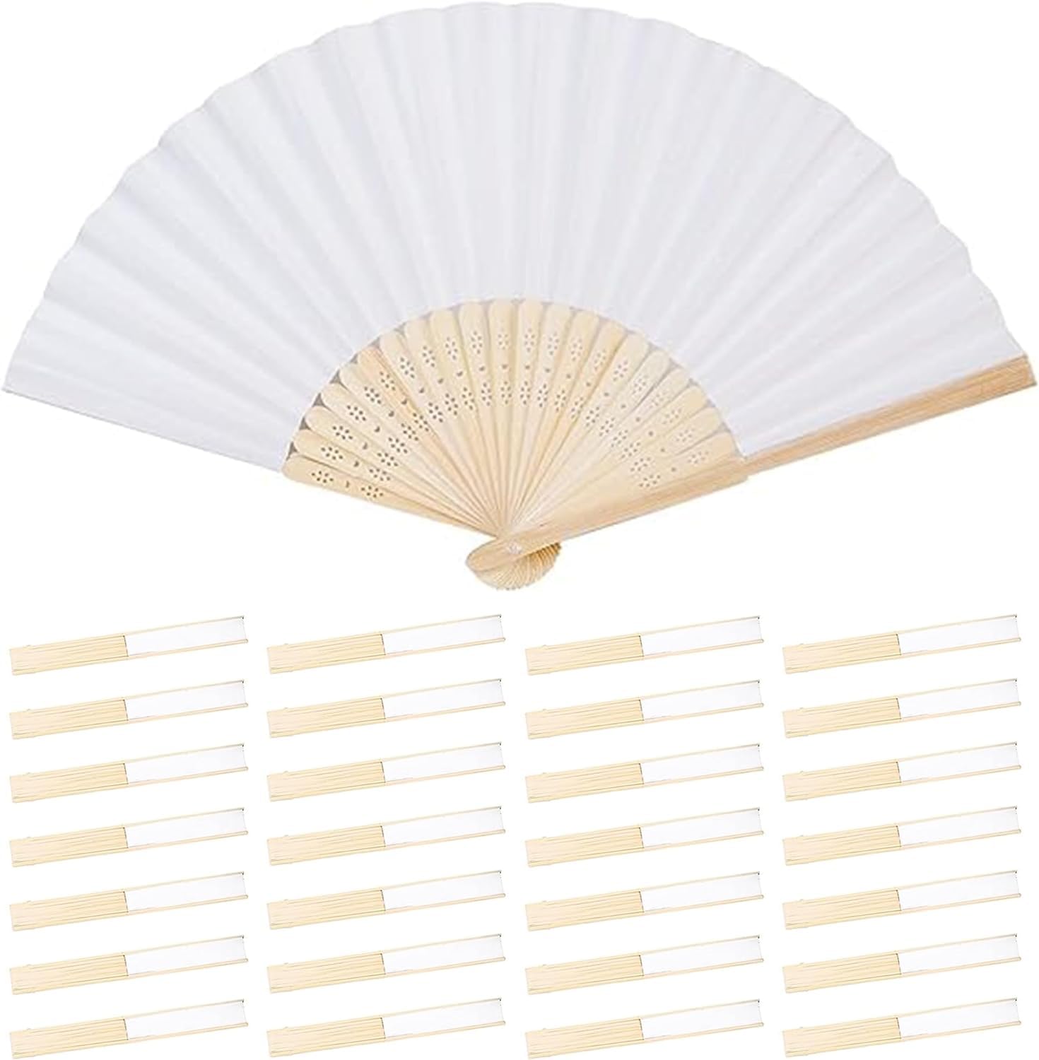 50 Éventails De Mariage Blancs Avec Sachets Organza - Éventail Pliable Bambou Vintage Pour Invités