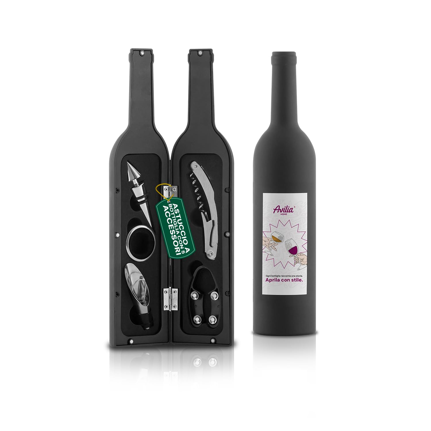 Avilia Set Accessori Vino 5 Pezzi Acciaio Inox 304 – Cavatappi Ergonomico Versatore Tappo Salvafreschezza Anello Antigoccia | Astuccio Bottiglia | Idea Regalo Vino Uomo Sommelier