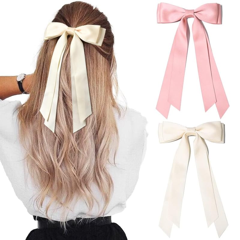 Shidara 2PCS Luxury Silky Satin Hair Bows Hair Clip Beige Pink Hair Ribbon Ponytail Holder Accessories Slides Metal Clips Hair Bow for Women Girls Toddlers Teens Kids