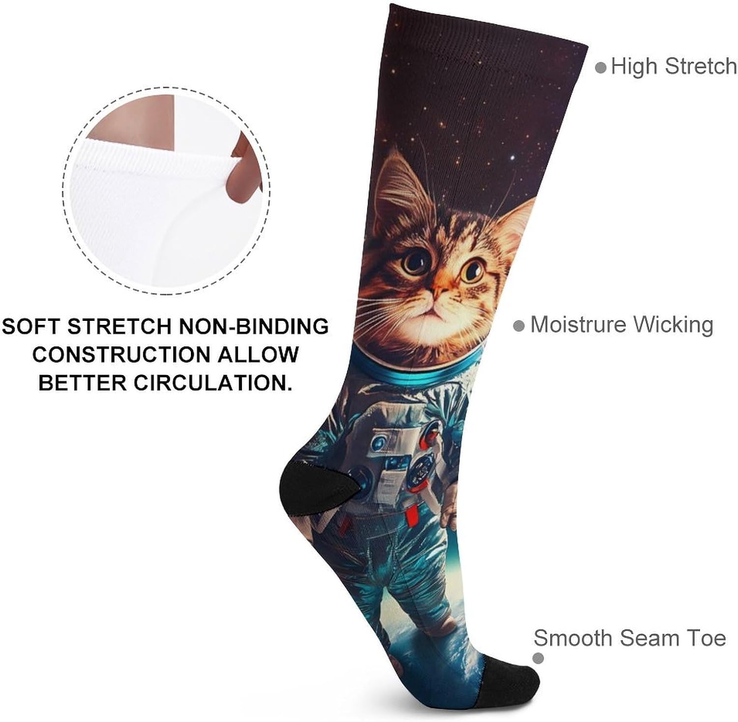 Astronaut Cat Galaxy-Spacees Knee High Socks Athletic Long Stockings Sport Casual Crew Tube Sock Boot 46cm