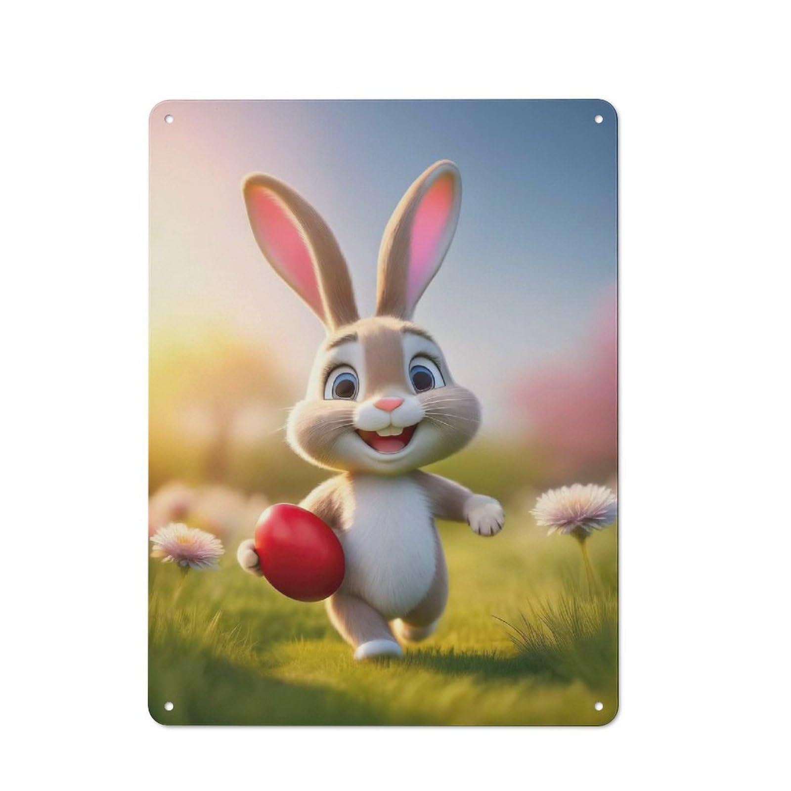 Junmoney Style-6 Easter Bunny With Dyed Red Egg Rustic Metal Sign 40X30cm For Garden Room Or Summerhouse, For Themed Interiors In Garden Rooms And Summerhouses