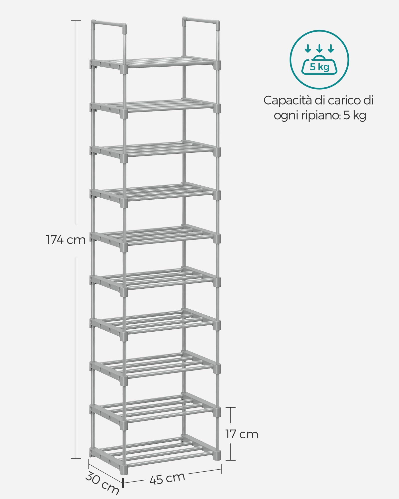SONGMICS Scarpiera a 10 Ripiani Grande, Scaffale Portascarpe in Metallo, Fai da Te, Scaffale Salvaspazio e Versatile per Ingresso Soggiorno Camera da Letto Cucina, 45 x 30 x 174 cm, Grigio LSA025G02