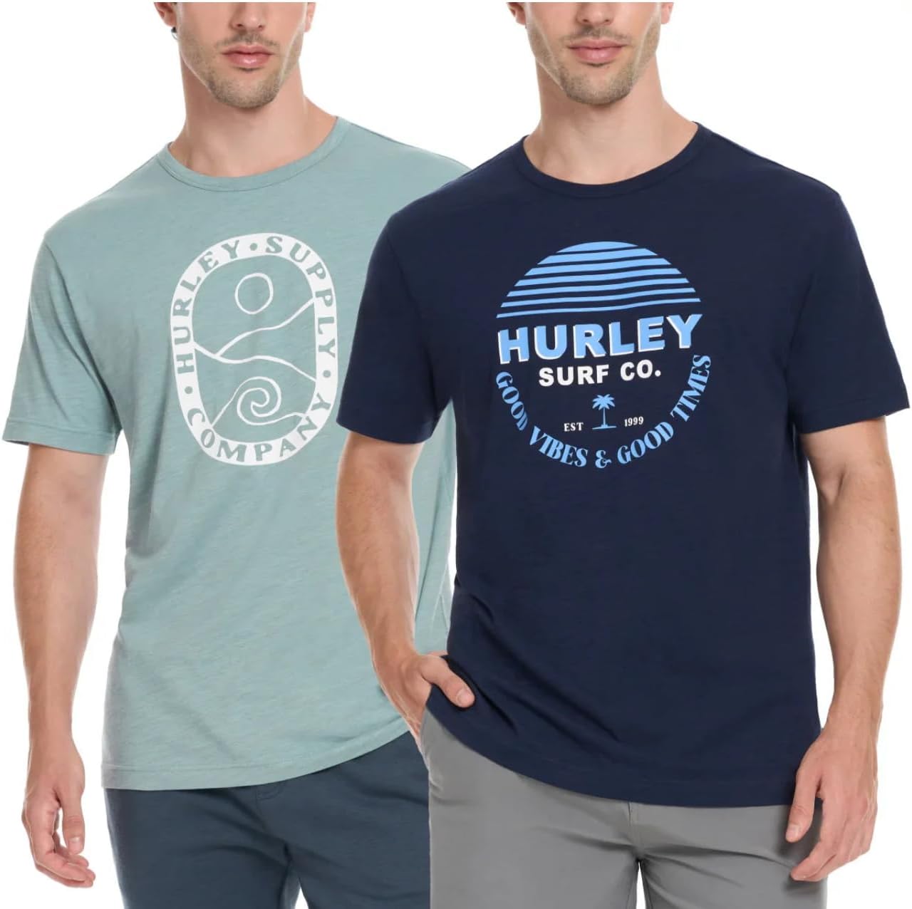 Hurley Men's 2 Pack Short Sleeve Graphic Tee Shirts (US, Alpha, XX-Large, Regular, Regular, Dark Blue/Blue)