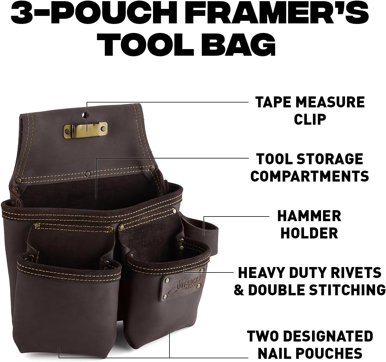 OX Pro Framers Tool Pouch Nail Bag Oil Tanned Leather Carpenter Tool Belt, 7 Pockets, Fastener Pouch, Hammer Holder OX-P263203