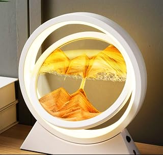Moving Sand Art Desk Lamp, 360° Rotating Hourglass Deep Sea Sandscape Flowing Sand Lights, Quicksand Lamp, Sand Art Picture Liquid Motion Round Glass Painting Desktop Decor(White Frame,Gold)