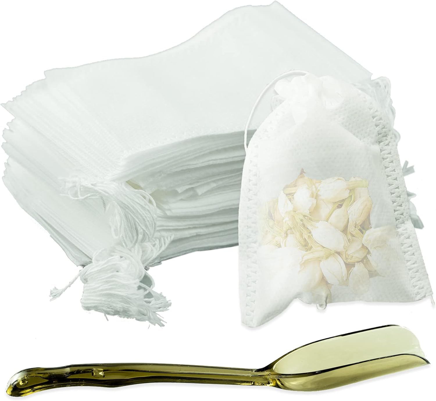 200 Pcs Disposable Tea Filter Bags, Drawstring Seal Filter Tea Bags Empty Tea Infusers Bags with Plastic Tea Shovel for Loose Tea and Coffee, White(7 x 9 cm)
