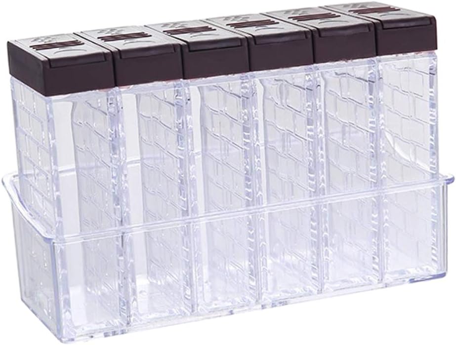 Transparent Condiment Box Set with 6 Grids, Food Grade Plastic Seasoning Pot for Spice Storage, Perfect for Home Kitchen or Restaurant Use - Coffee Lid