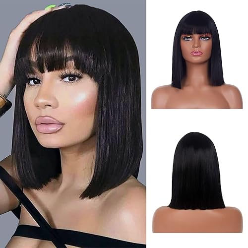 LINGDORA Peluca Bob negra para mujer, pelucas de cabello corto lacio natural de 14 pulgadas con flequillo plano, fibra sintética sedosa resistente