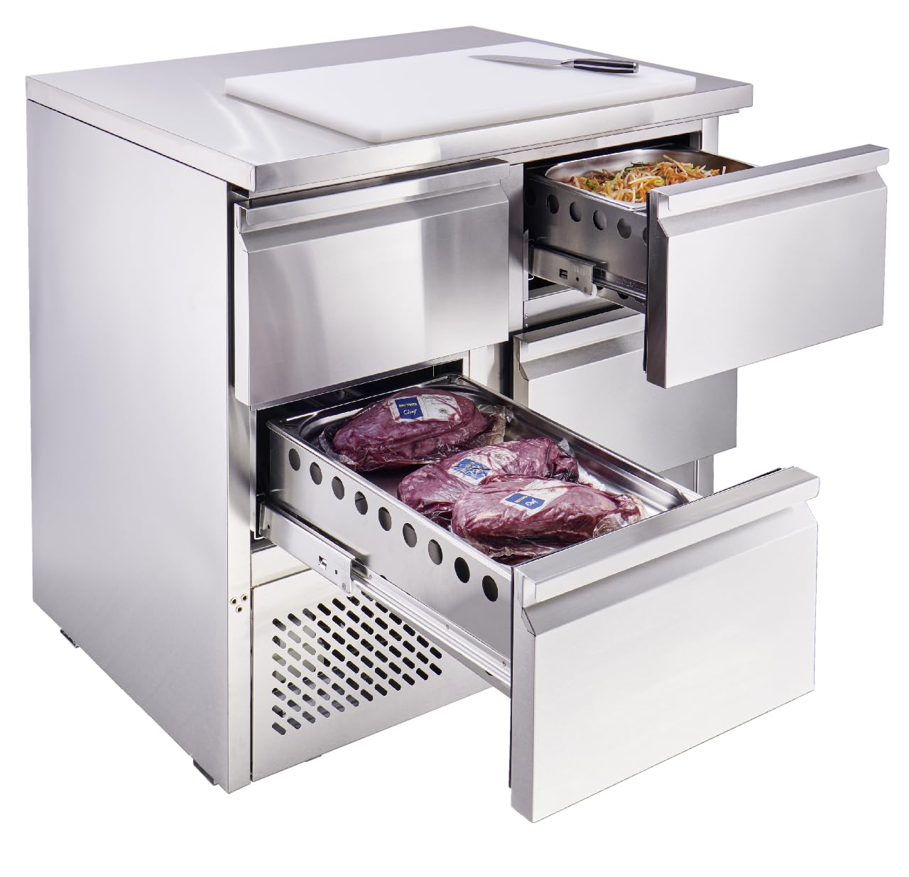 METRO Professional Banco Refrigerato GDS3600, in acciaio inox, 97 L, tavolo da lavoro, raffreddamento a ventola, con serratura, 220 W, 4 cassetti, argento