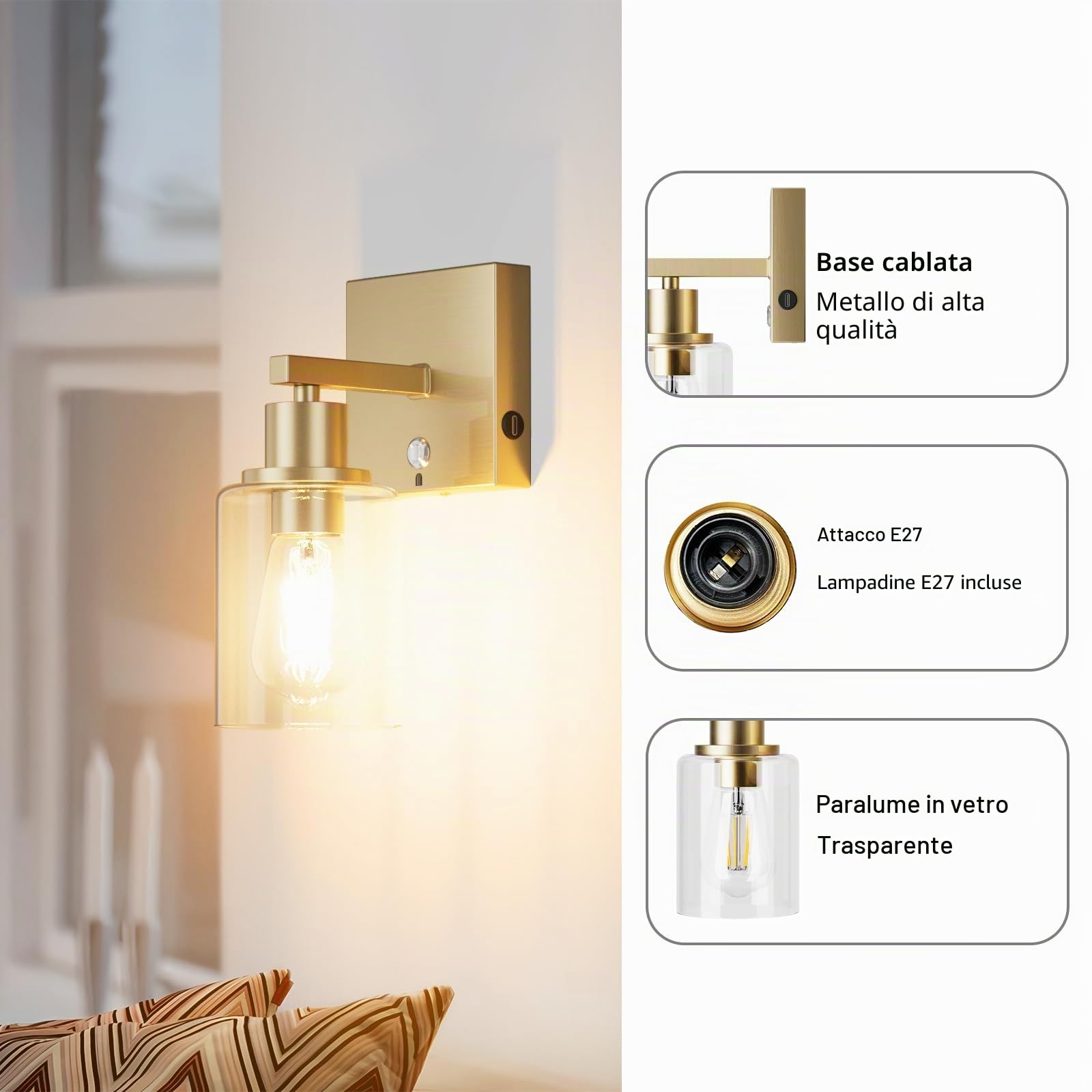 Klighten 6000 mAh Lampada da parete Senza Fili con Telecomando, Applique da Parete Interno Batteria Operata 2PCS,lampada da parete ricaricabile 3000K bianco caldo, con lampadina, Oro