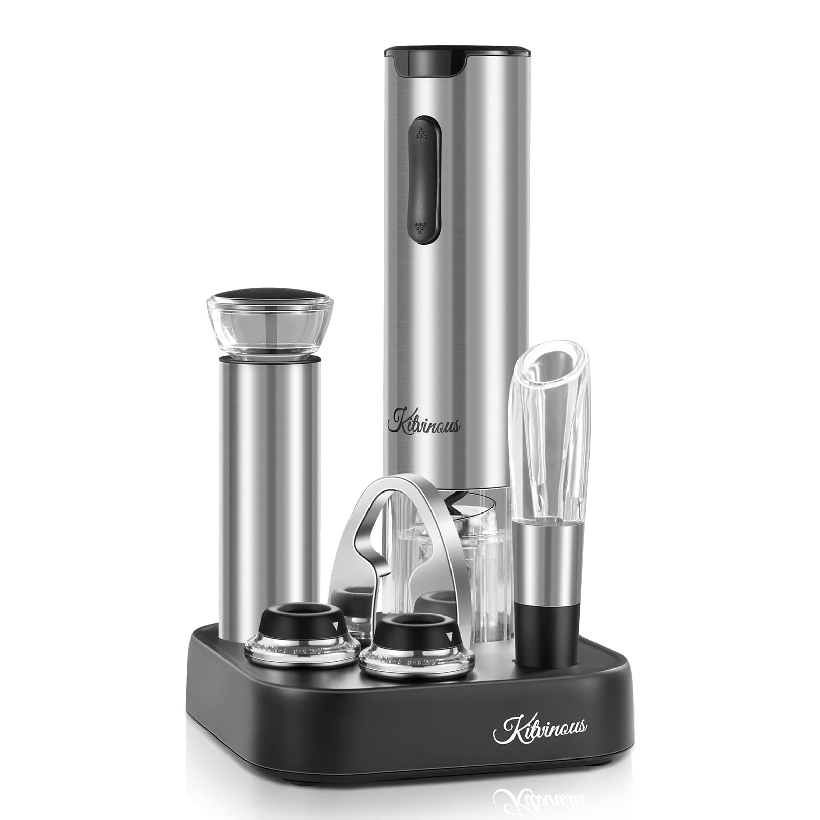 KITVINOUS Electric Wine Opener Set with Charging Base, Automatic Wine Bottle Opener with LED Light, Corkscrew with Wine Aerator & Preserver Vacuum Pump with 2 Stoppers, Foil Cutter, Silver