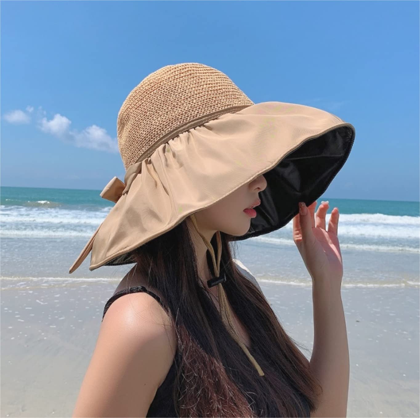 LNNSHX Sombrero de Playa para Mujer Sol Primavera y Verano Paja de Pescador Plegable de ala Ancha (Blauw: Talla A 56-58 cm) (Noir 6 7/87 1
