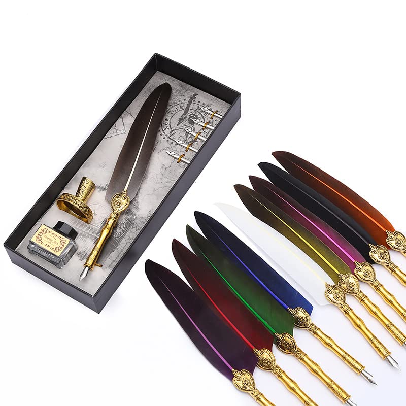 SIXRUN Feather Quill Dip Pen Set, Gold-Sprinkled Gift Box (Caffè)