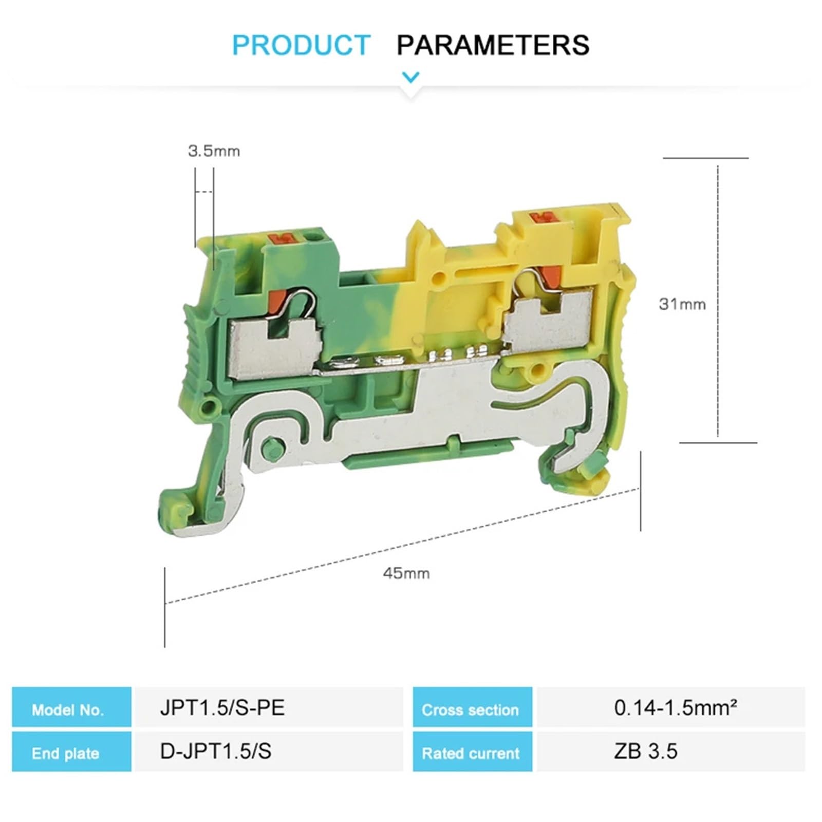 Morsettiera for guida DIN con passante di terra a inserimento rapido PT1.5-PE, 1,5 mm², connettore elettrico for filo di terra di protezione PT 1.5-PE(5 Pcs)
