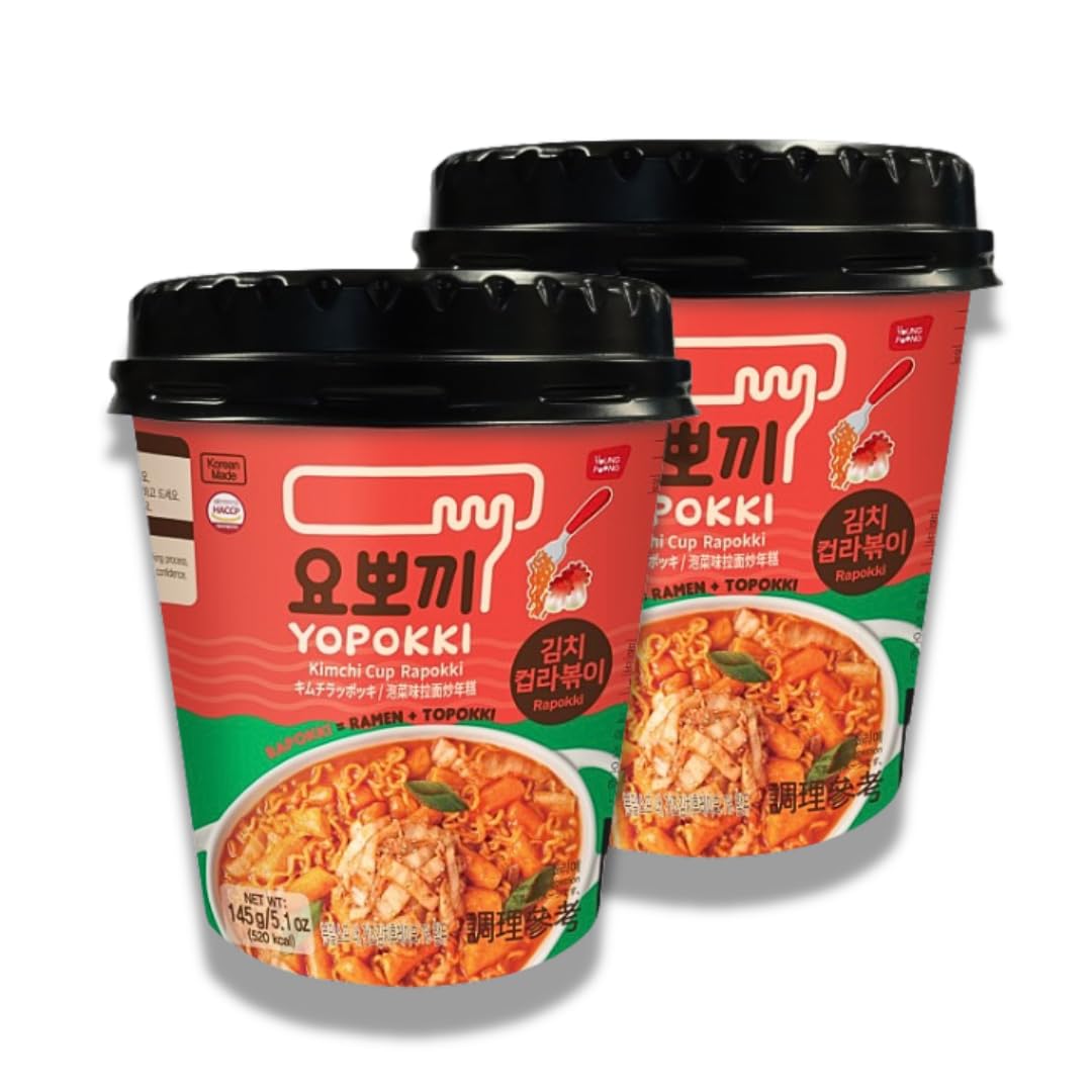 Yopokki Instant Rabokki Cup – Korean Tteokbokki Rice Cakes with Ramen Noodles, Quick & Easy Korean Street Food, Asian Snacks for College Dorms, Pack of 2 (2 Cups, Kimchi)