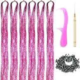 43 Inch Hair Tinsel Kit with Tools 6 Packs 1200 Strands Tinsel Hair Extensions for Women and Girls Heat Resistant Sparkling Shiny Glitter Hair Pieces for Christmas Cosplay Party (43 inch, pink)