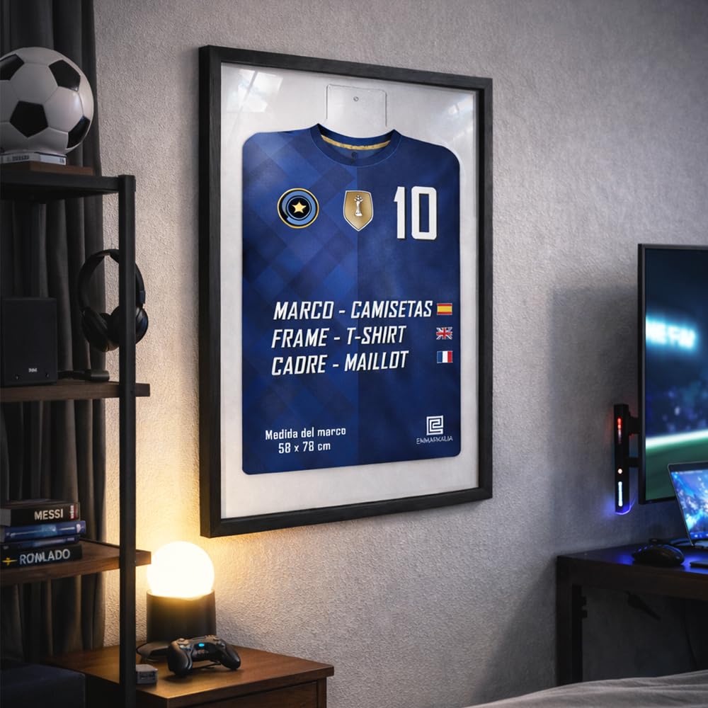 Marco para Camiseta de Fútbol 58x78 cm con soporte de Metacrilato – Cuadro para Camisetas Firmadas y Deportivas – Expositor para Camisetas de Deporte – Fácil Montaje – Marco Negro con fondo negro — view 7