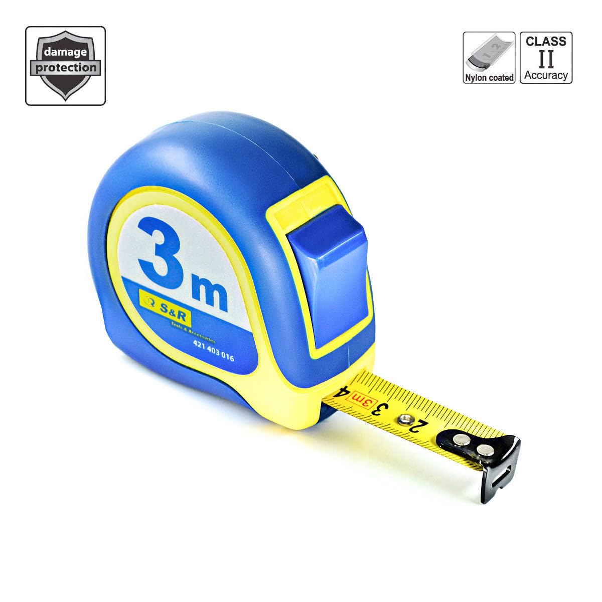 Metro A Nastro S&amp;R Professionale 3 Metri - Antiurto, Gommato, Giallo/Blu, Per Lavori Di Precisione