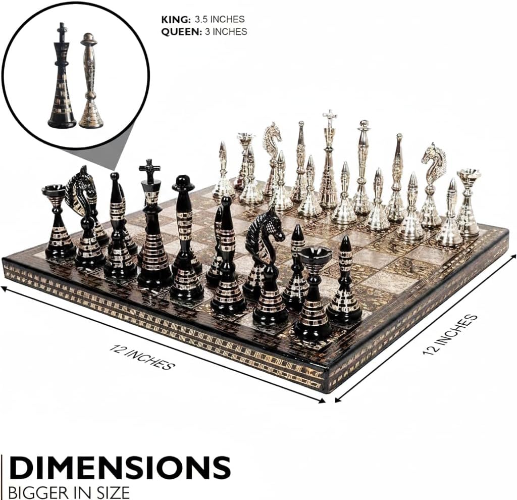 Luxury Handcrafted Brass Chess Set Black and Silver Metal Pieces with Premium Folding Board and Storage Box | Antique Finish Royal Gift and Decorative Board Game for Home Office Collectors (Tribal)