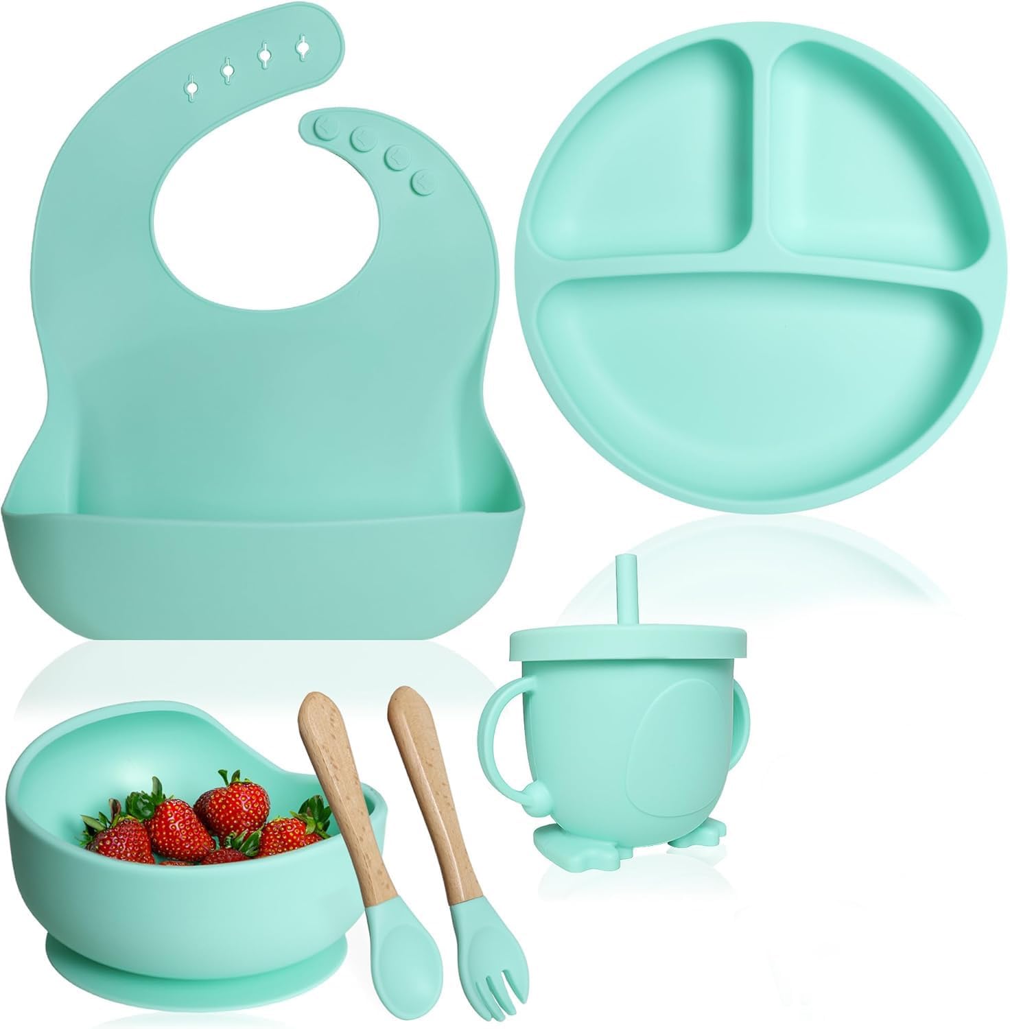 Silicone Baby Feeding Set | 9 PCS Baby Led Weaning Supplies Feeding Utensils | Divided Suction Plate Bowl Bib Cup Baby Spoons Forks | Toddler Eating Essential (Light Green) (Green, 6 pcs Set 1)-image-23