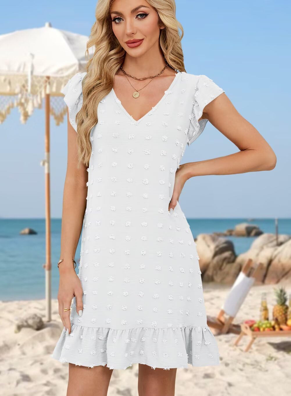 QACOHU Spring Summer Dresses for Women 2026 V Neck Cap Sleeve Ruffle Hem Smock Short Casual Beach Dress - Image 2