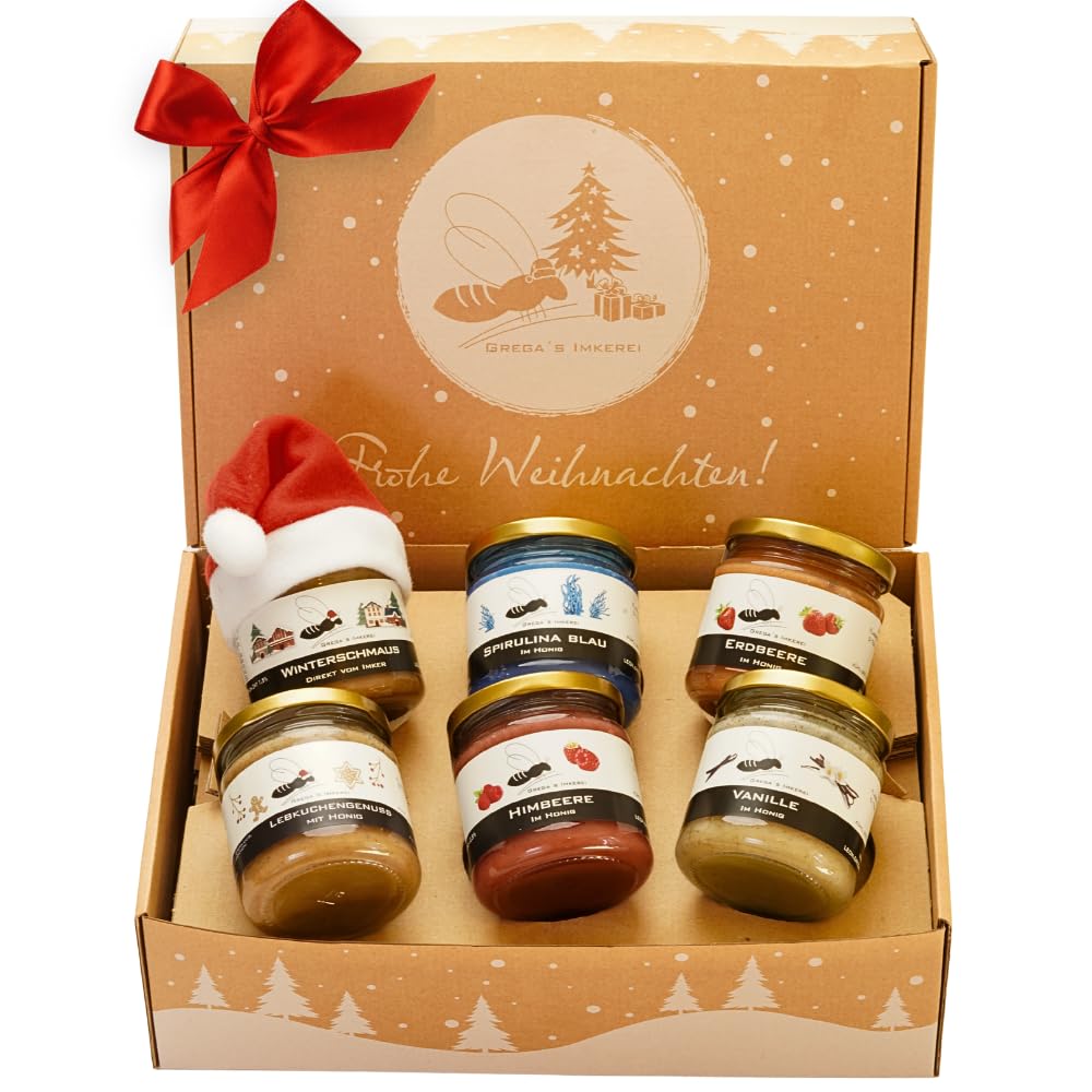 Honig Geschenkset von Grega’s Imkerei Wähle aus 7 Boxen – Weihnachtsbox mit Honig und mehr direkt vom Imker (E – Festtagsfavoriten 6er-Box)