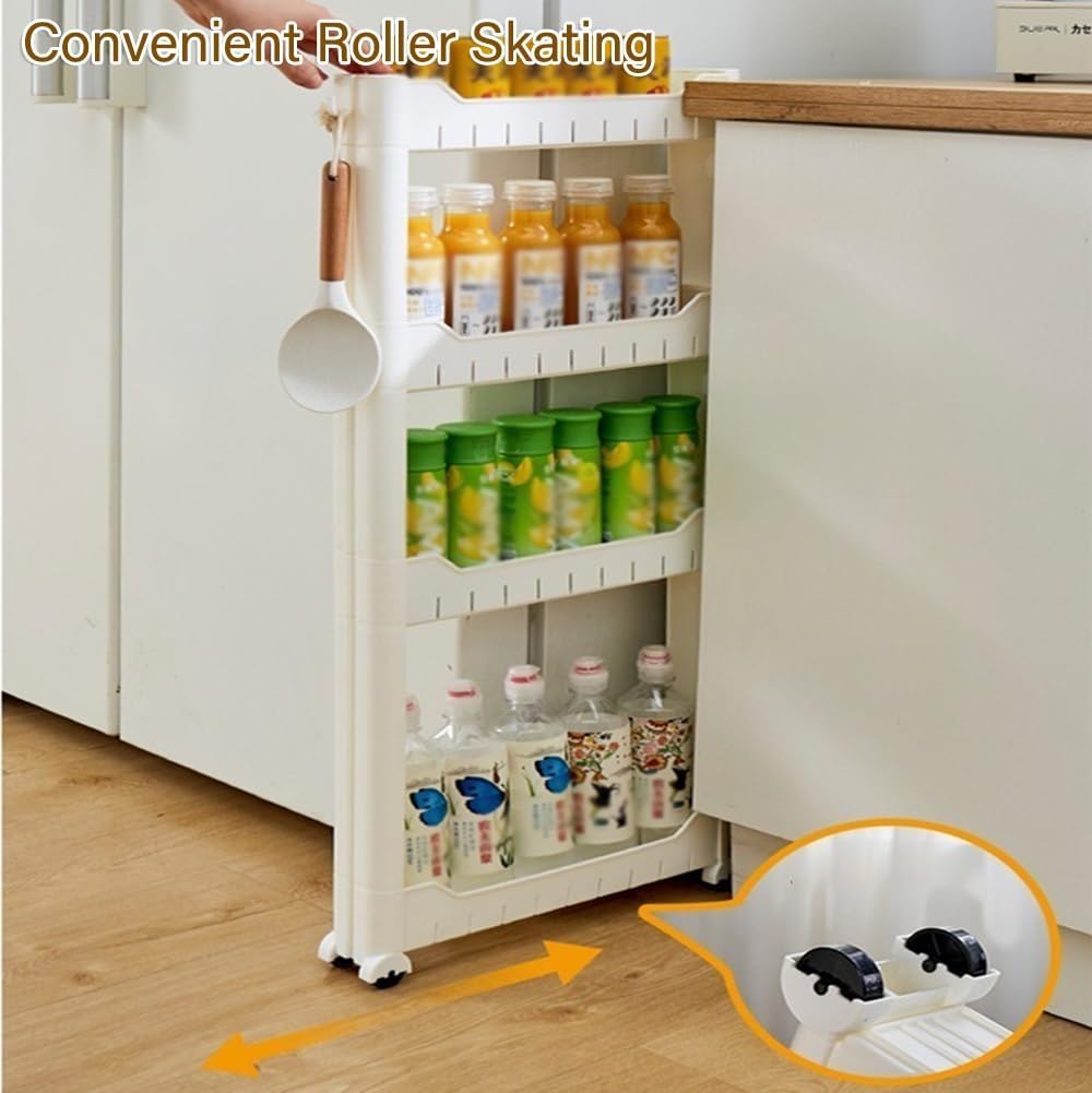 White Rolling Storage Cart with Wheels - 3/4/5 Tier Mobile Organizer for Bathroom, Kitchen, Office, Laundry & Tight Spaces - Compact Shelving Unit (15.4inx2.8inx43.3in)