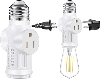 3 Prong Light Socket to Plug Adapter,E26 Outdoor Light with Outlet,E27 Light Bulb to 2/3 Prong Outlet Plug Splitter Converter for Garage Porch CCTV Camera 1, White