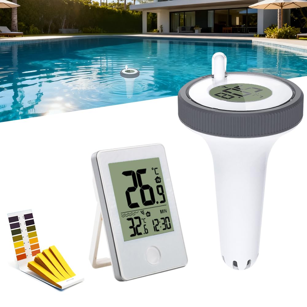 Pool Thermometer Funk, Thermometer Wassertemperatur Pool mit PH-Teststreifen, Poolthermometer Schwimmend, Badethermometer Pool Thermometer Wasserdicht für Teich Zubehör