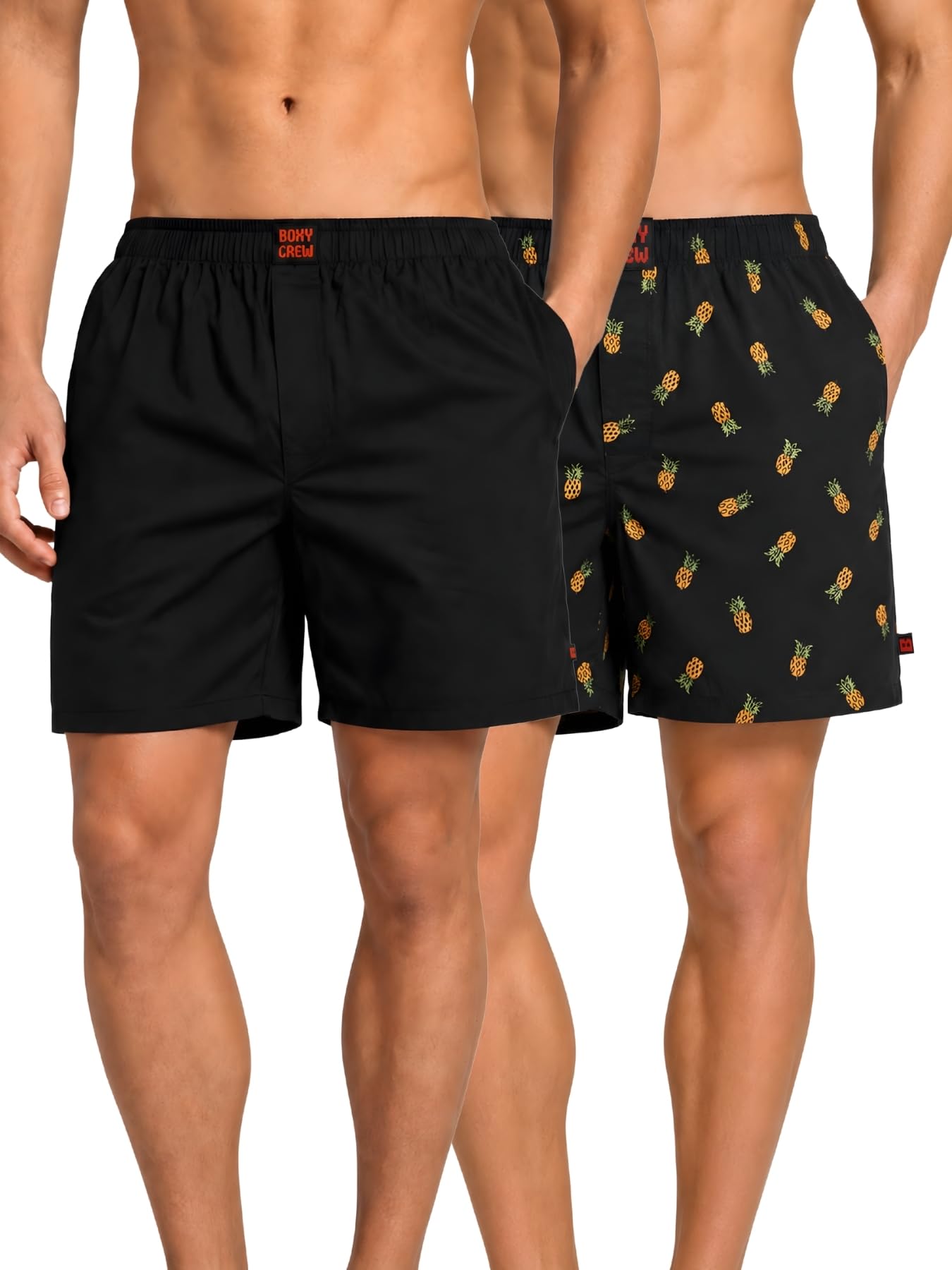 Men Boxer Shorts Pack of 2, 100% Cotton Woven Boxers, Black & Charcoal Grey, Solid & Printed Designs, Dual Side Pockets, No-Marks Inner Elastic Waistband, Relaxed Lounge & Sleep Shorts-image-34