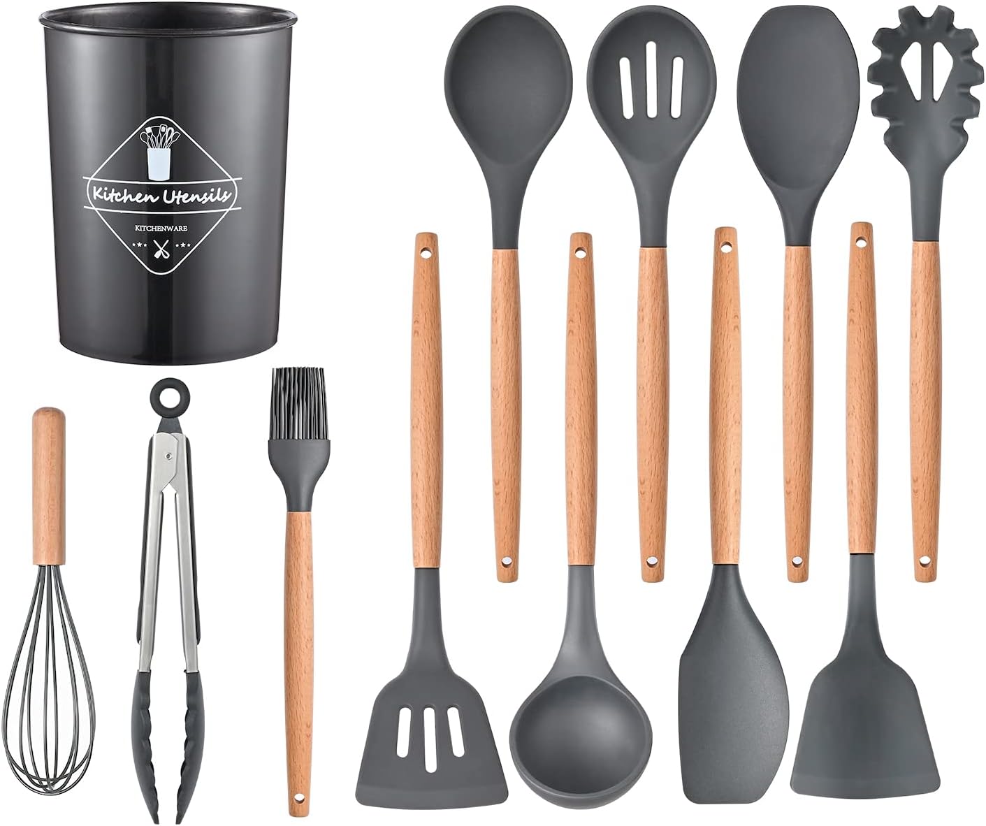 AWH ICVKRJ 12 Pcs Silicone Cooking Utensils Kitchen Utensil Set – 446°F Heat Resistant,Turner Tongs, Spatula, Spoon, Brush, Whisk, Wooden Handle Gray Kitchen Gadgets with Holder for Nonstick Cookware