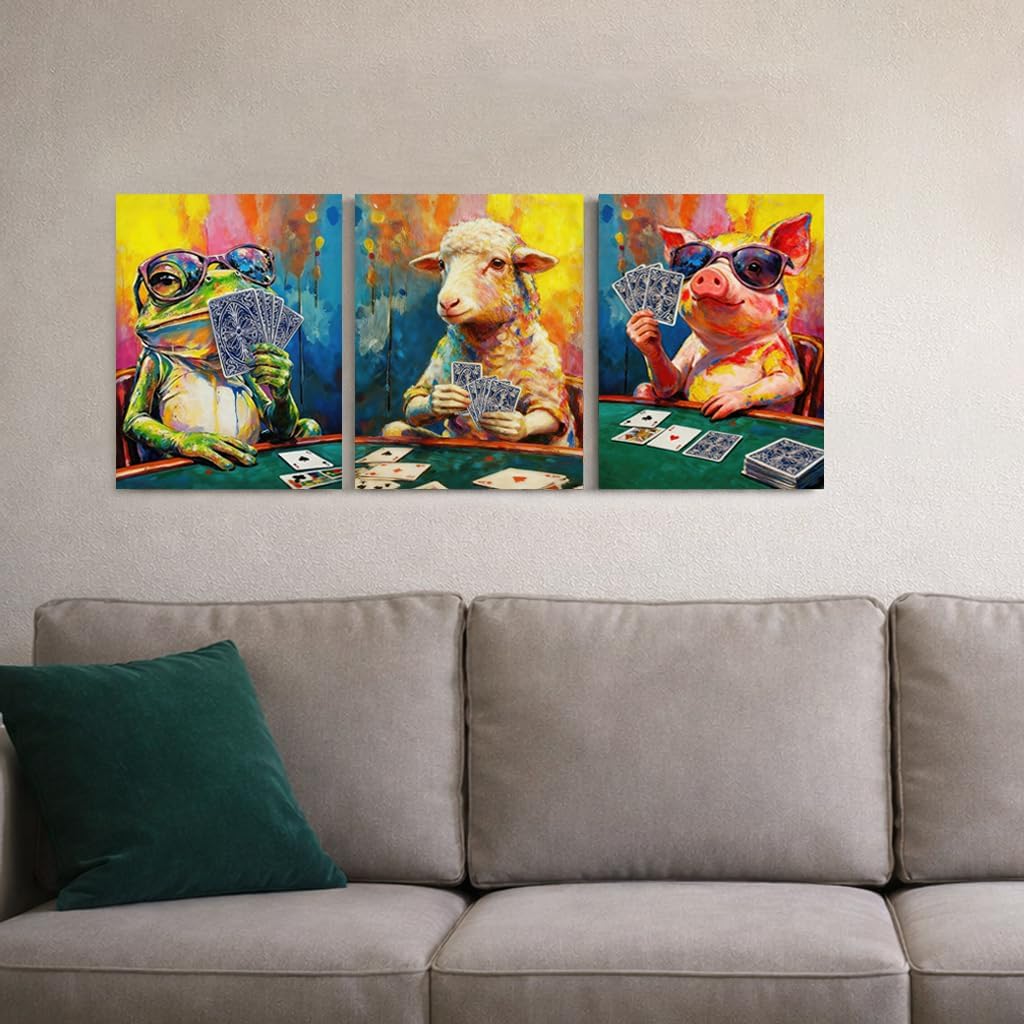 Artiluxy Funny Animal Poker Wall Art Set of 3 – 12×16in Humorous Canvas Prints Featuring Frog, Sheep & Pig – Quirky Card Game Wall Decor for Living Room, Game Room or Man Cave, Ready to Hang