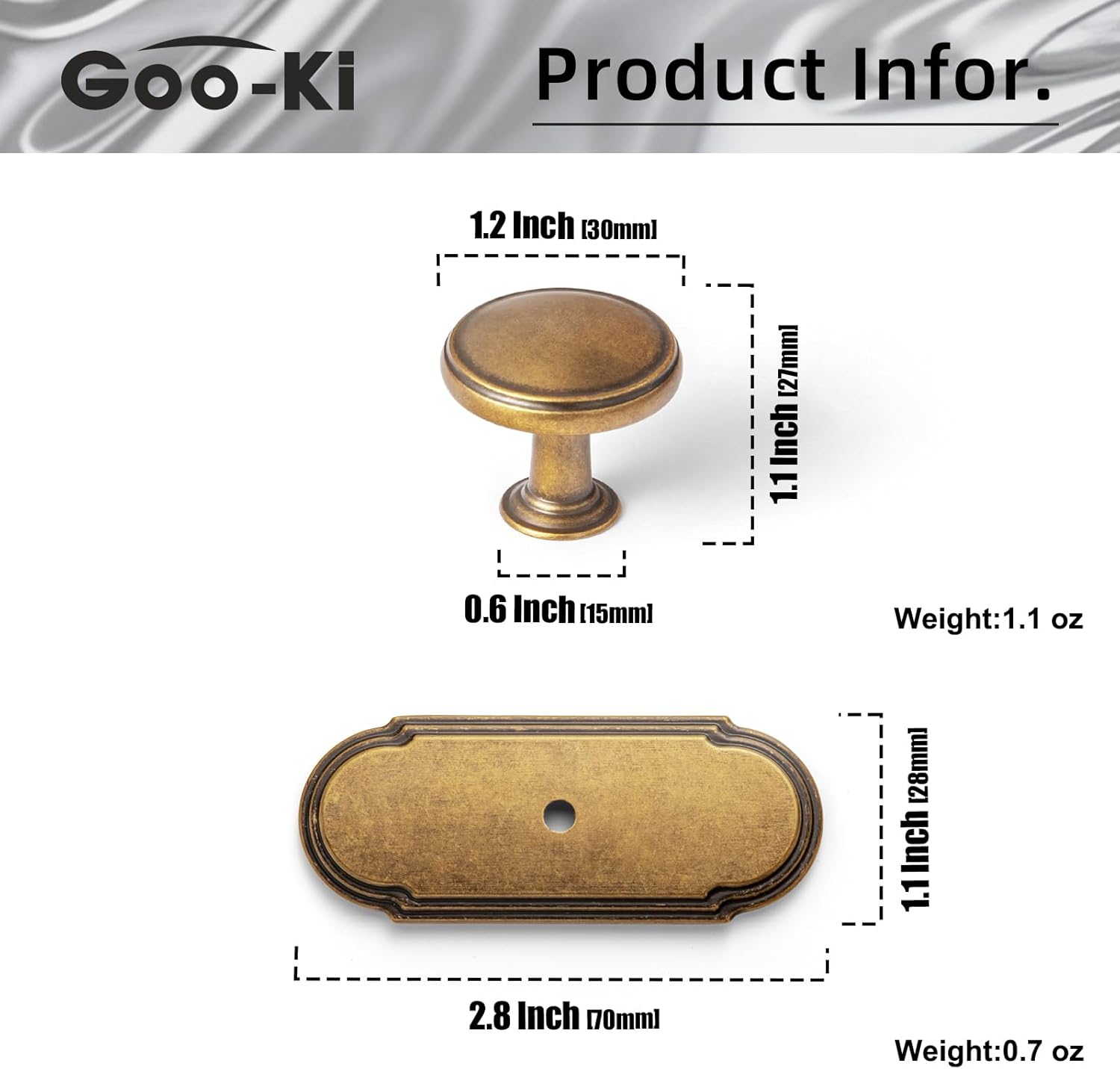 Goo-Ki Antique Brass Cabinet Knobs with Back/Base Plate Zinc Alloy Kitchen Hardware - 6 Pack Vintage Retro Brass Single Screw/Hole Bar Pull Drawer Handles with Spacer