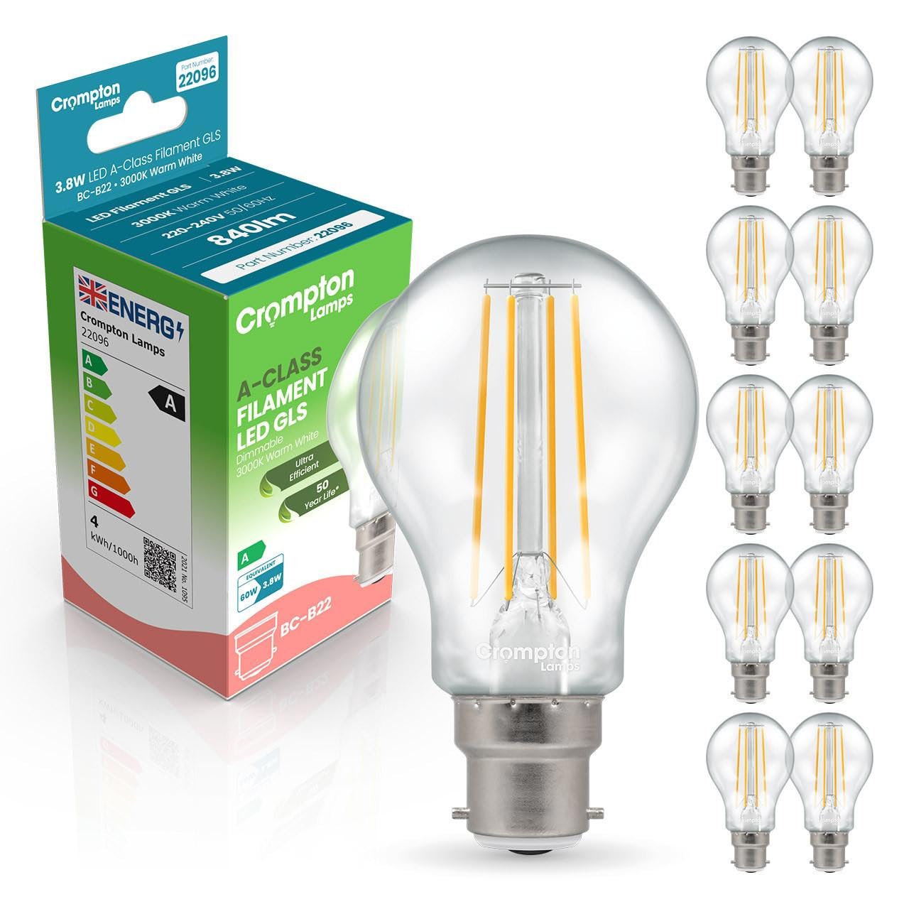 Crompton Lamps LED Ultra-Efficient GLS 3.8W BC-B22d Dimmable A-Class (10 Pack) (60W Equivalent) 3000K Warm White Clear 860lm BC Bayonet B22 A-Rated Multipack Light Bulbs