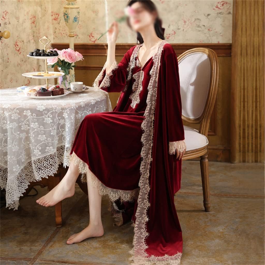 Women's Velvet Pajamas Two-piece Autumn And Winter Warm Robe Set Sexy Lace V-neck Pajamas