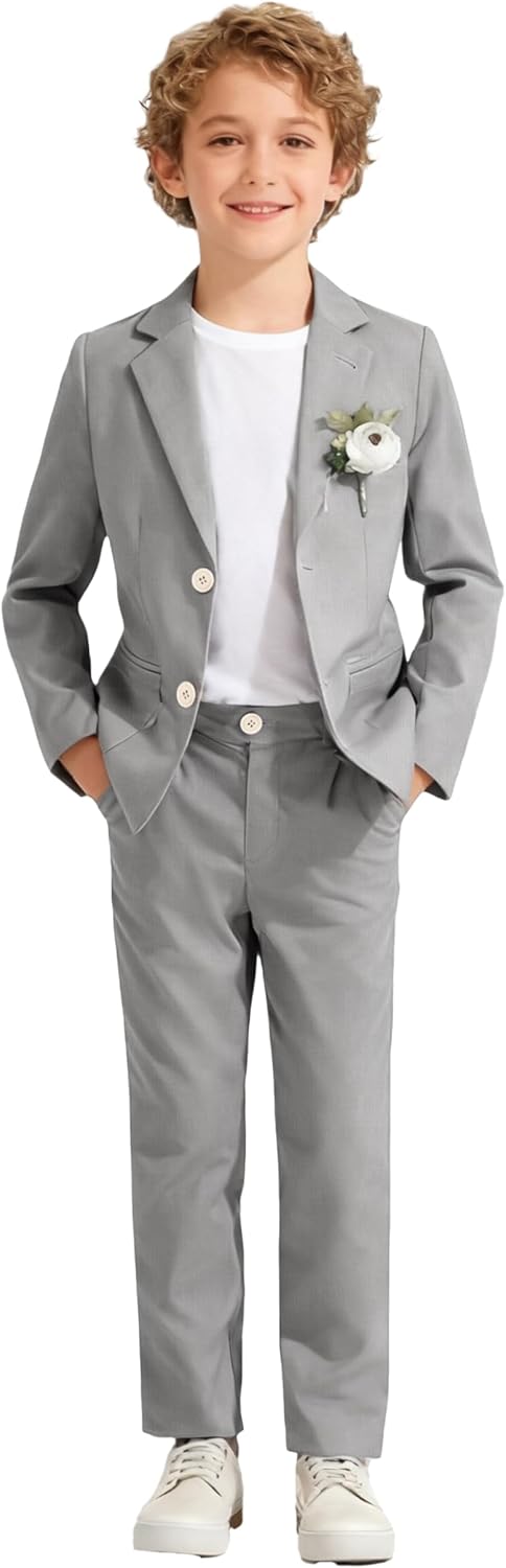 LOLANTA Boys Linen Suit Slim Fit Kids Lightweight Suit Jacket Pant Set for Family Gatherings, Holiday Celebrations, School