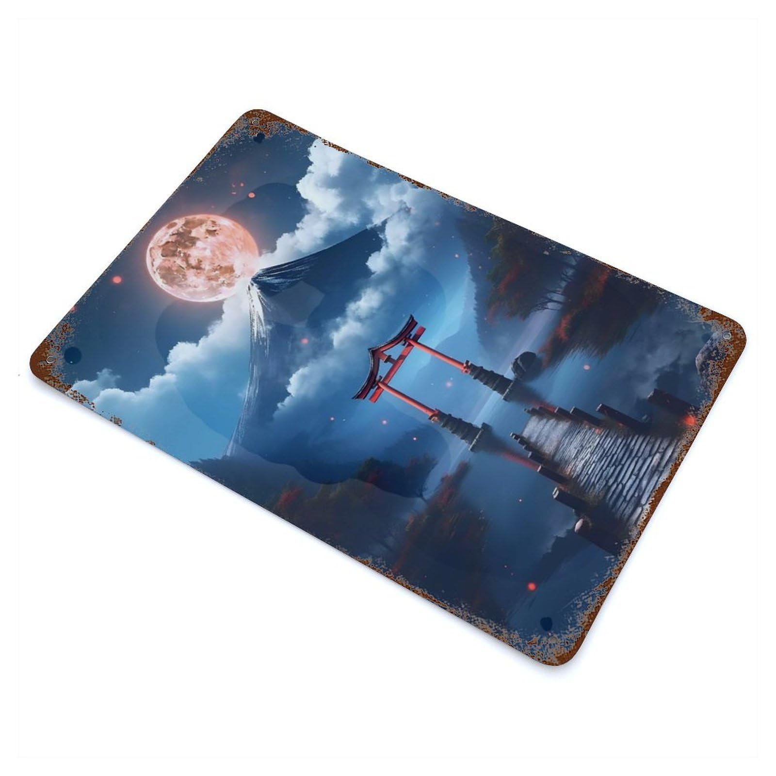 Moonlit Fuji Torii Gate Vintage Rust Metal Sign 11.8"x7.9", for Patio, Garden Room And Bar Decor, Classic Wall Plaque