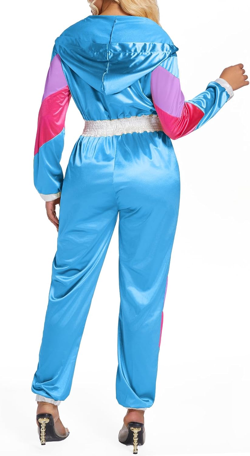 Yisfri Women's Color Block One Piece Retro Outfits 80s Elastic Waist Jumpsuit with Hood - Image 4