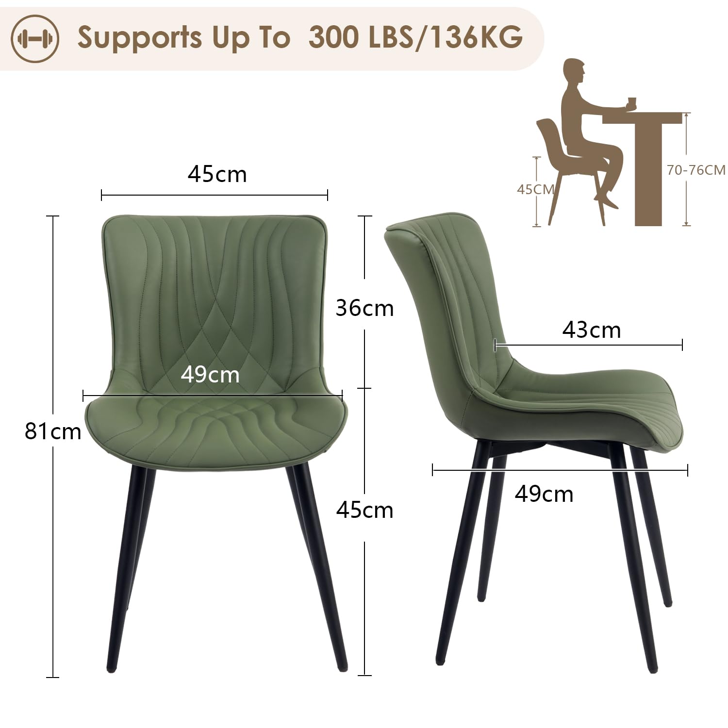 Kidol & Shellder Dining Chairs Set of 2, Modern PU Leather Kitchen Chairs for Dining Room, Uplostered Lounge Leisure Chair with Backrest Metal Legs for Living Room, Bean Green — view 2