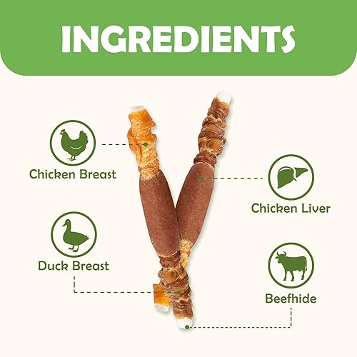 Miniatura 3 de MON2SUN Golosinas para perros, bocadillos de cuero crudo de triple sabor de 5 pulgadas con hígado de pollo, pato y pollo envueltos en pollo para