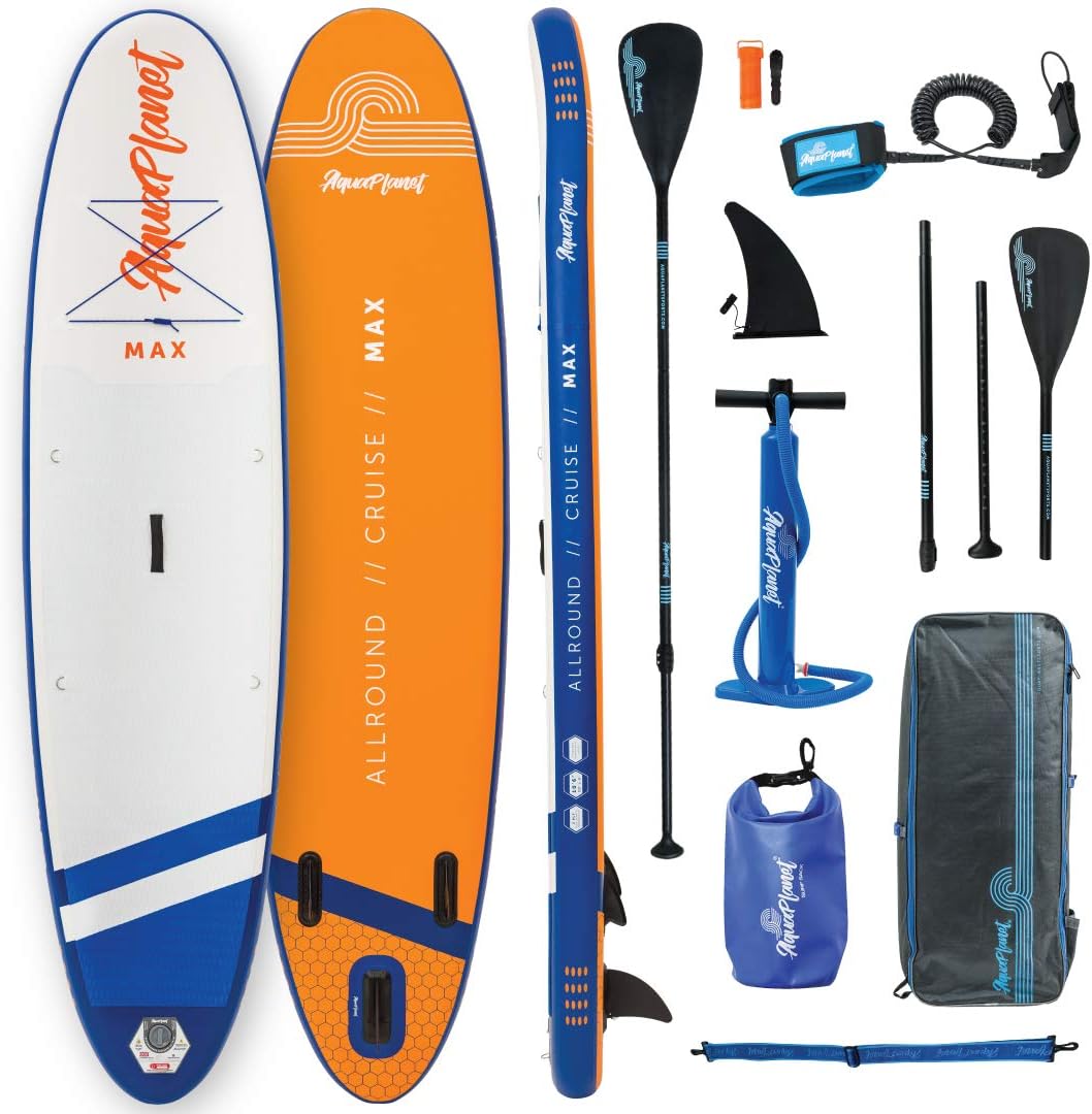 aquaplanetInflatable Stand Up Paddle Board Kit - Max | 10.6 Foot | Ideal for SUP Beginners & Experts | Includes Fin, Paddle, Pump, Repair Kit, Backpack, Leash, Dry Bag, Carry Strap