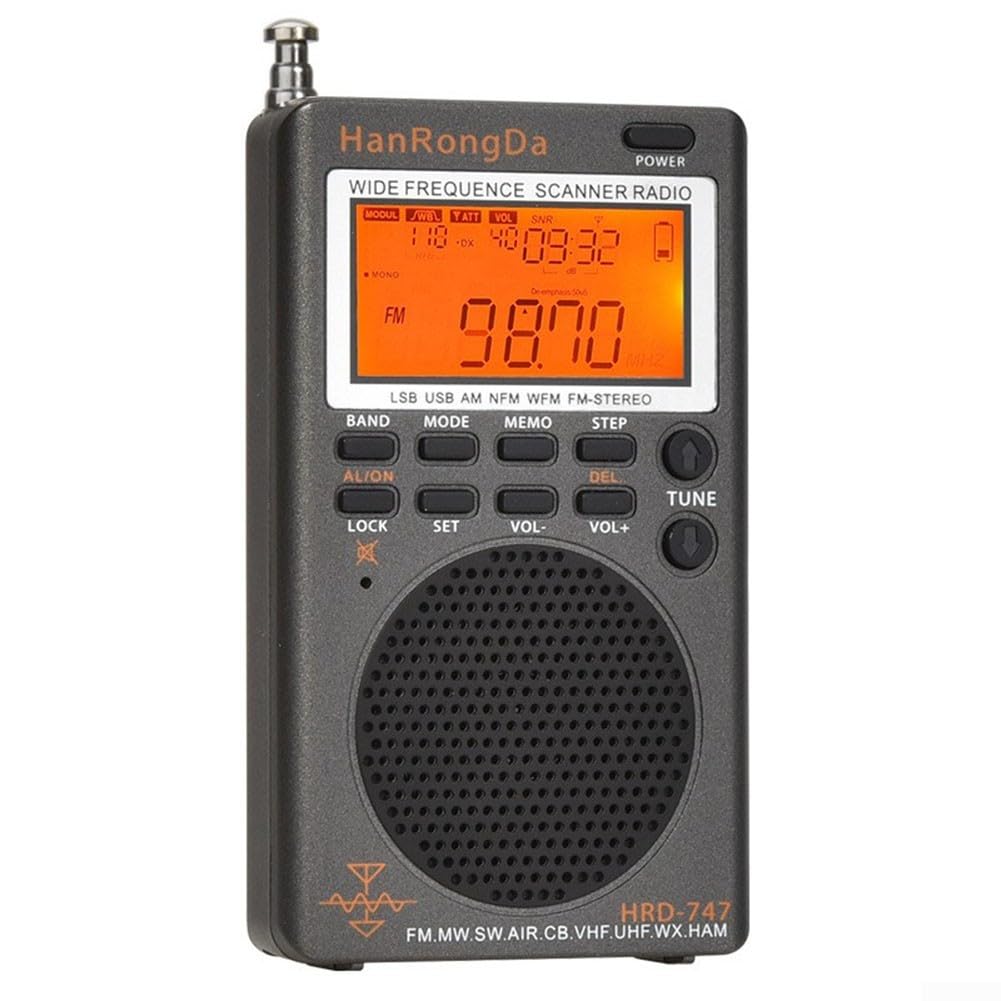 HRD-747 SSB Radio de onda corta FM estéreo con reloj y antena de cable de 10 pies Banda AM sintonización digital Receptor de radio portátil Tecnología de carga USB 1000 Frecuencias de radio Memoria