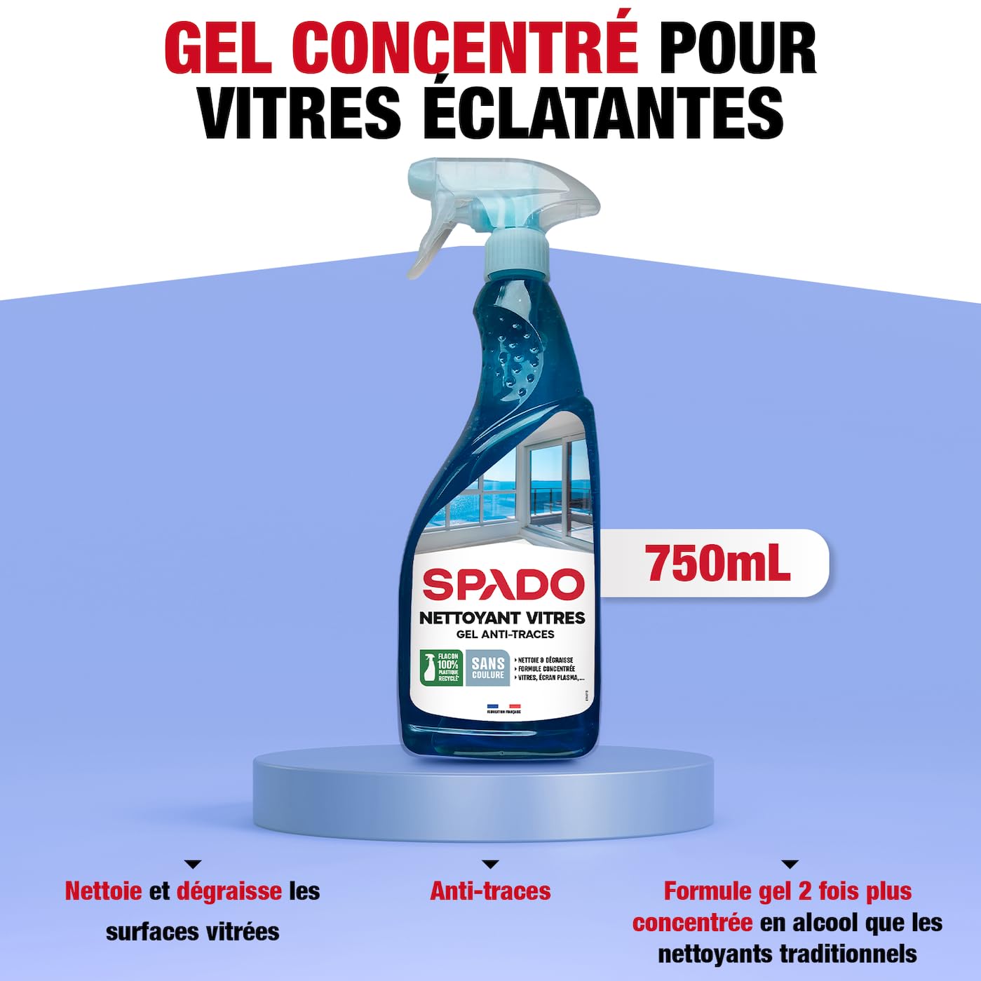 SPADO - Nettoyant vitres en gel - Anti-traces - Anti-pluie - Ne coule pas - Antibuée - pour vitre, miroirs et écran - 750 ML - Fabriqué en France
