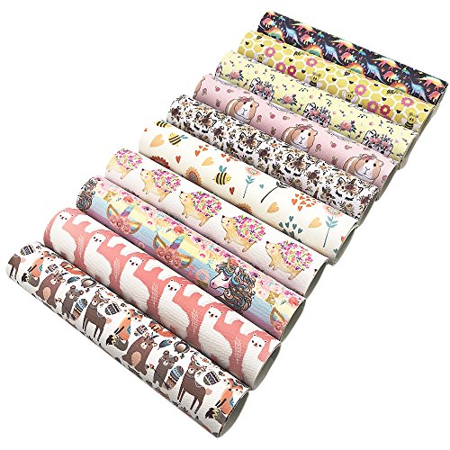 10 Pcs 7.8" x 13.3" (20cm x 34cm) Faux Leather Sheets Unicorn Animals Printed Fabric Leather Thick Canvas Back Craft DIY Craft Assorted Colors (10 Animals)