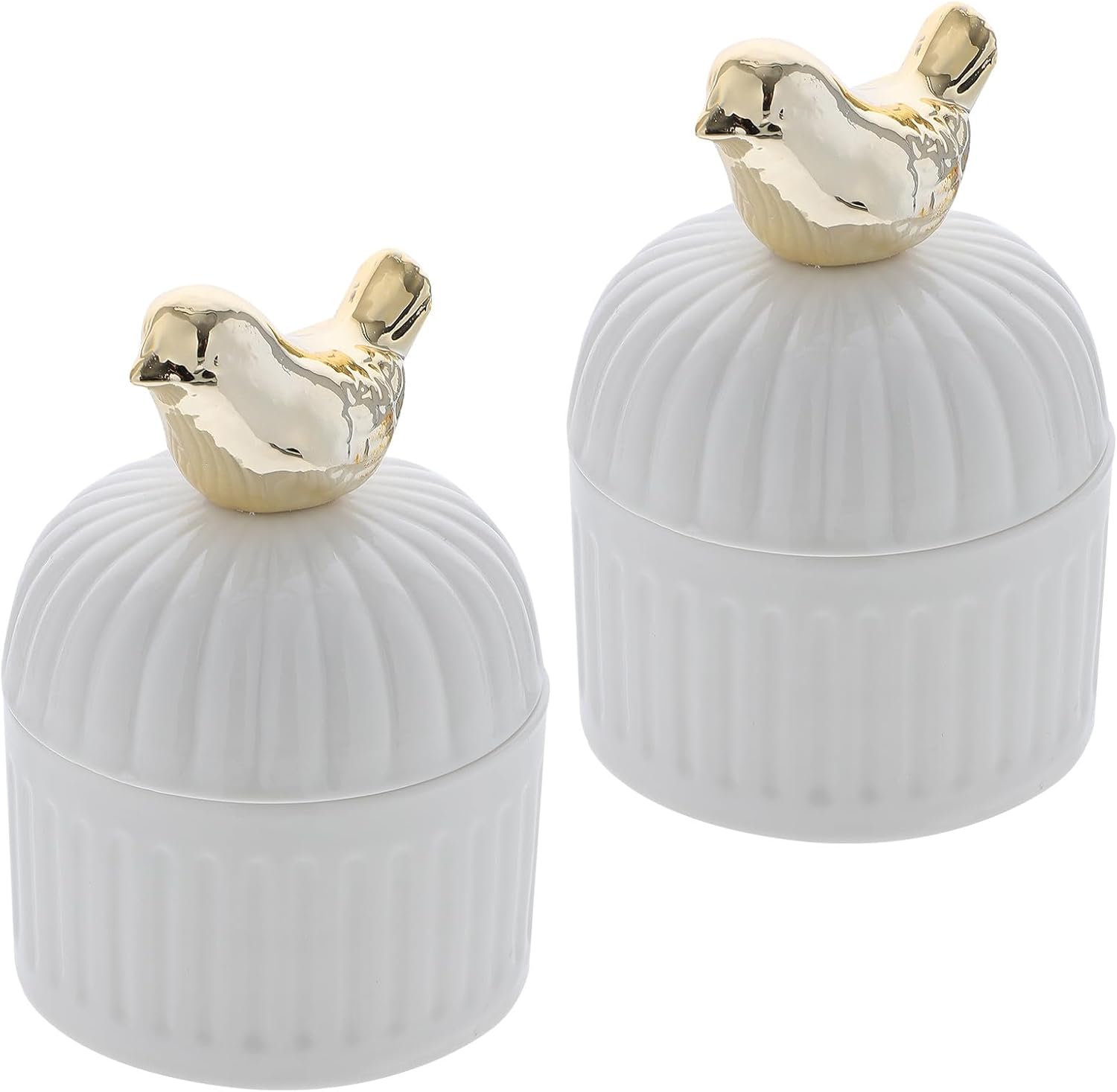SEWCHICS 2pcs Wedding Candy Boxes with Gold Bird Ceramic Lid, Small Party Candy Storage Containers, White Ceramic Favor Boxes for Wedding and Event