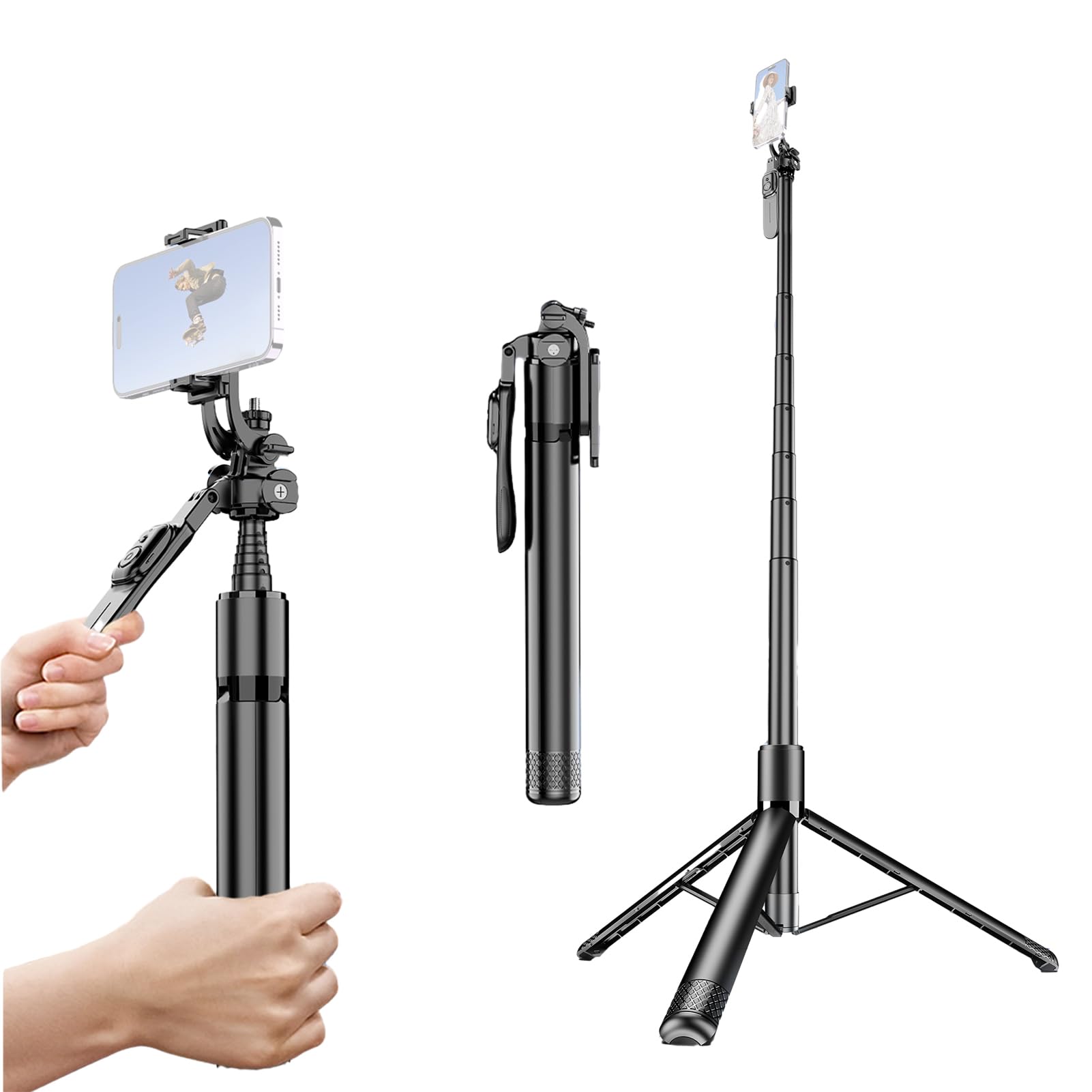 Treppiede per Selfie Stick, Selfie Stick Estensibile 3 in 1 in Alluminio con Telecomando Wireless, Treppiede per Telefono Cellulare Aggiornato con Testa a Sfera a 360° per