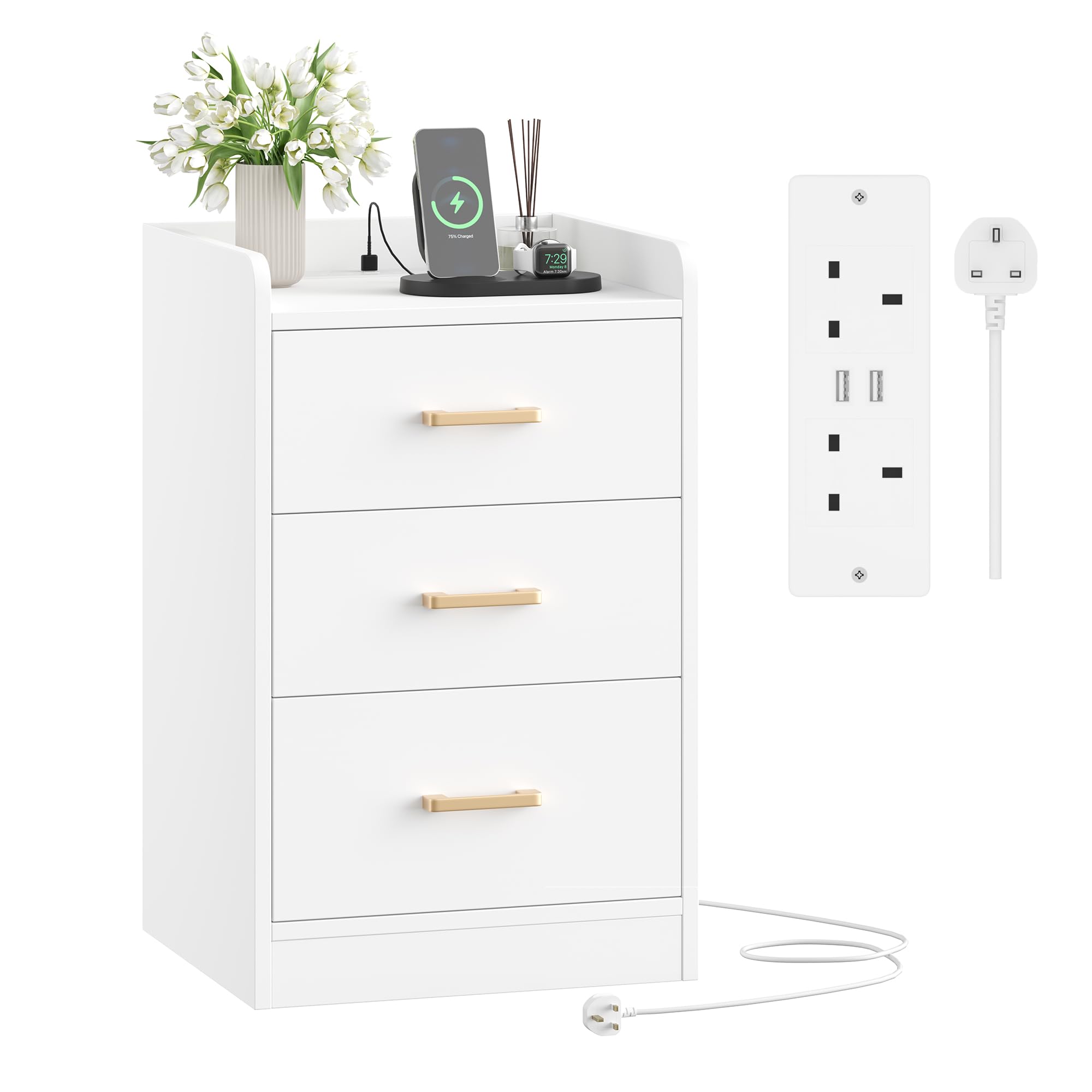 FirFurd Bedside Table with Charging Station, Bedside Cabinet Nightstand with 3 Drawers, 2 AC Outlets 2 USB Ports, Baffle, White Side End Table for Bedroom Living Room 40x38x66cm