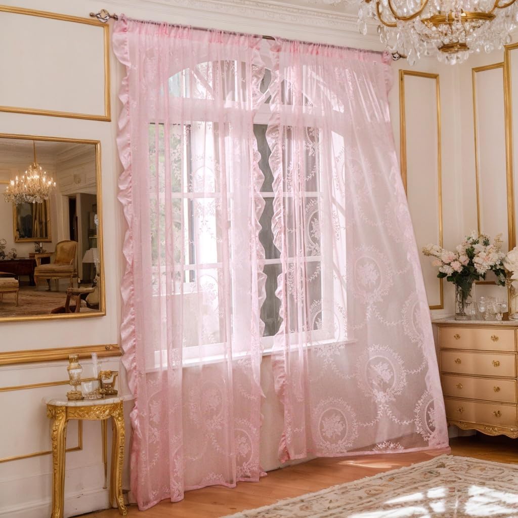 102 Inches Long Pink Lace Curtains for Bedroom 2 Panels Set Vintage Boho Curtains Sheer Floral Embroidery Ruffled Window Treatment Rod Pocket,52 X 102 Inch,Pink