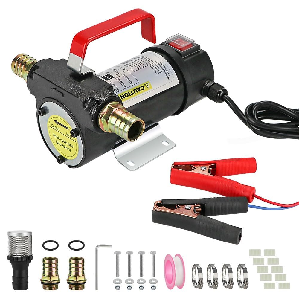 Dieselpumpe 12V 45L/min Heizölpumpe, 175W elektrische Kraftstoffpumpe selbstansaugende Ölabsaugpumpe für Traktoren LKW mit Vorfilter, Messingtüllen, Ersatzlüfterblätter, Dichtungsringe usw