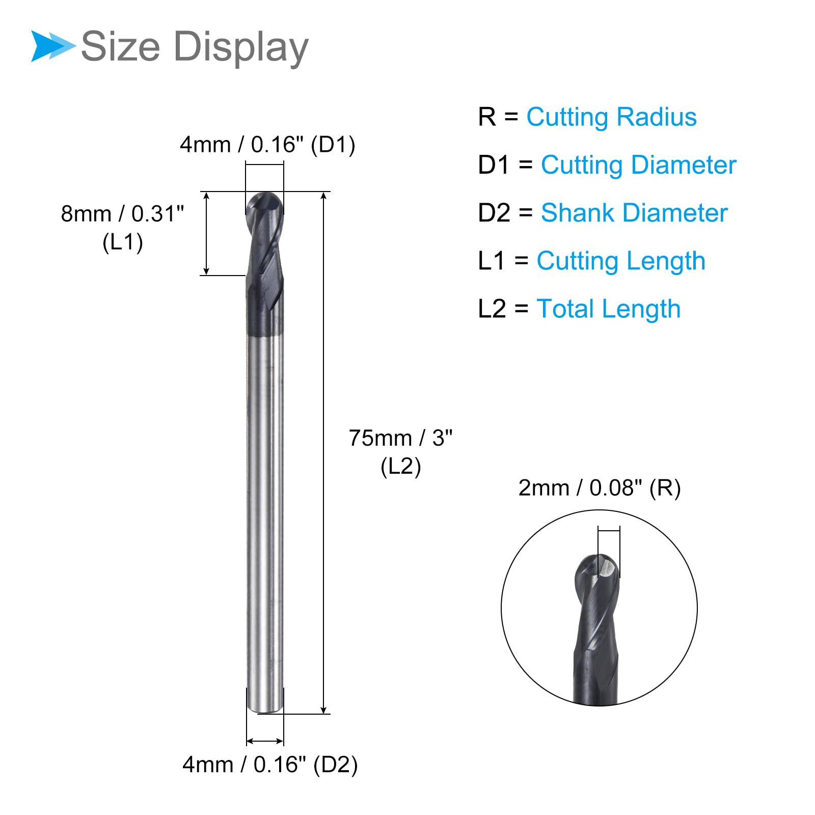 CoCud Ball Nose End Mill, 2mm Radius 4mm Shank 75mm Length, AlTiN Coated P05 Carbide 2 Flutes Milling Cutter CNC Router Bit - (Applications: for Stainless Steel Hardened Steel)